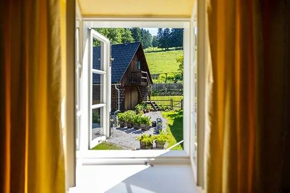 View of the garden and old barn from the Courtyard Ensuite Room