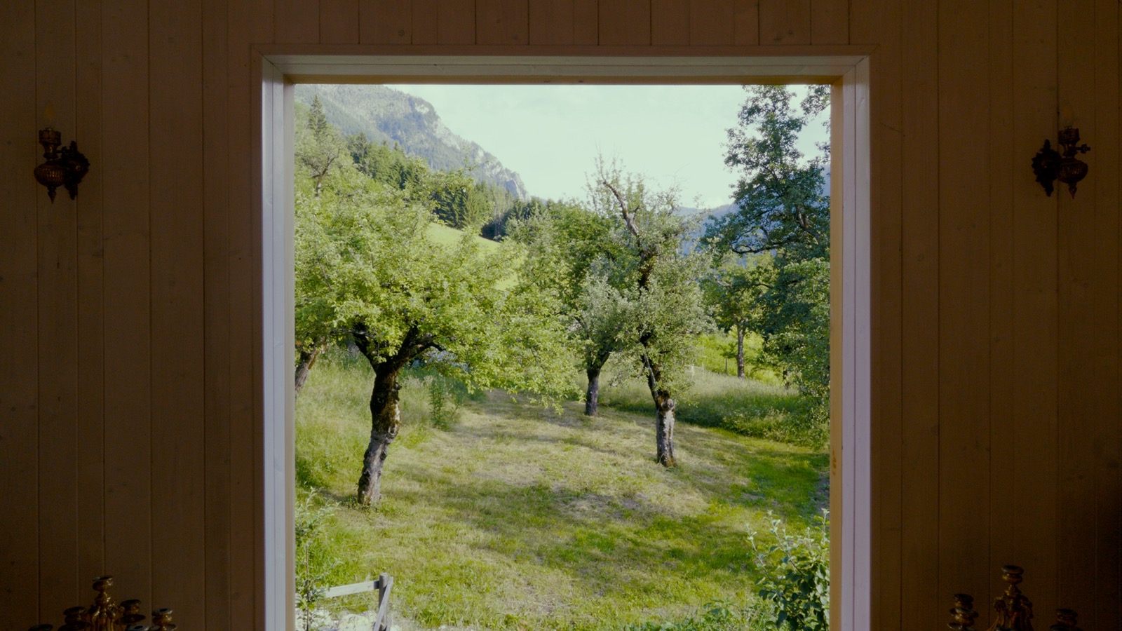 View from the yoga studio doorway onto the orchard and mountains at Hof Berneck